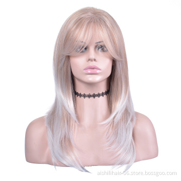 Wholesale  ombre blonde with silvery gray color 16inch  natural straight wigs with natural bang synthetic hair wigs for women